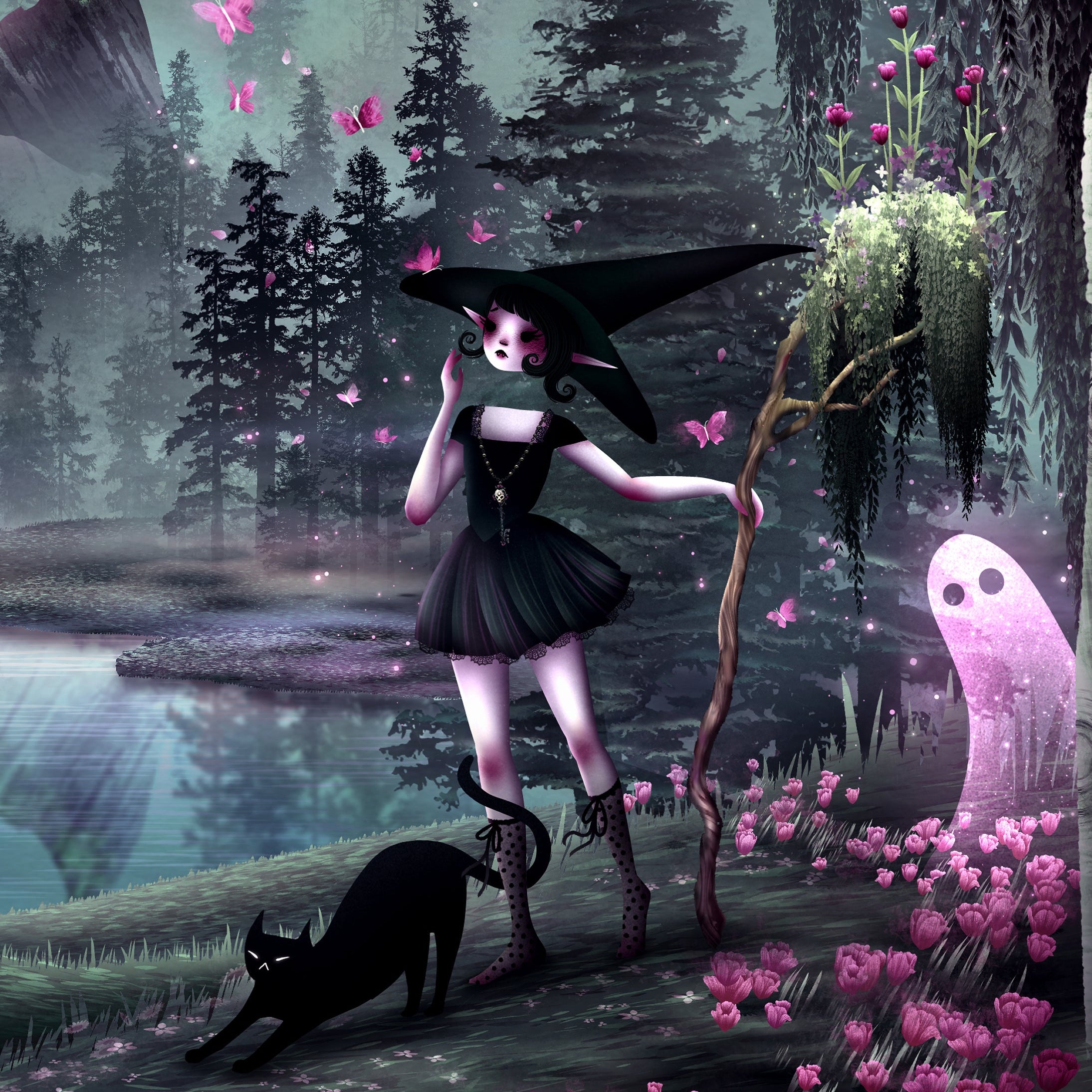 Gothic-style illustration of a witch woman in a black dress with a black cat and pink flowers in a mystical forest.