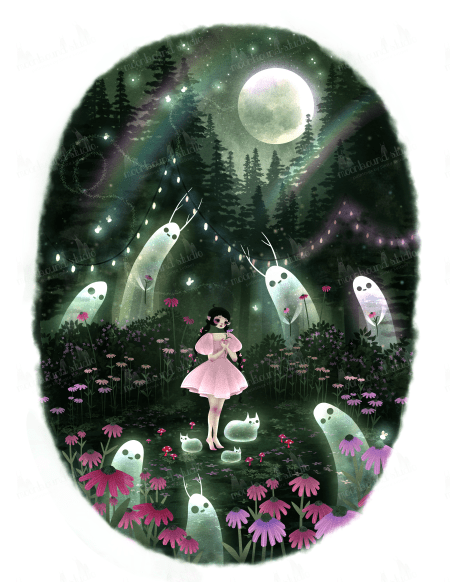My character, Meadow, has a flower party in a mushroom glade with her ghost pals. She stands in a fairy ring of mushrooms, surrounded by echinacea and an enchanted forest. Deep greens, pinks, purples, a glowing moon and fireflies. The ghosts each hold flowers and enjoy her company 