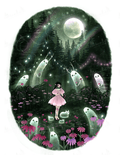 My character, Meadow, has a flower party in a mushroom glade with her ghost pals. She stands in a fairy ring of mushrooms, surrounded by echinacea and an enchanted forest. Deep greens, pinks, purples, a glowing moon and fireflies. The ghosts each hold flowers and enjoy her company 
