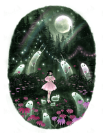 Load image into Gallery viewer, My character, Meadow, has a flower party in a mushroom glade with her ghost pals. She stands in a fairy ring of mushrooms, surrounded by echinacea and an enchanted forest. Deep greens, pinks, purples, a glowing moon and fireflies. The ghosts each hold flowers and enjoy her company 
