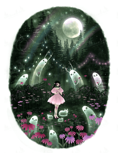 My character, Meadow, has a flower party in a mushroom glade with her ghost pals. She stands in a fairy ring of mushrooms, surrounded by echinacea and an enchanted forest. Deep greens, pinks, purples, a glowing moon and fireflies. The ghosts each hold flowers and enjoy her company 