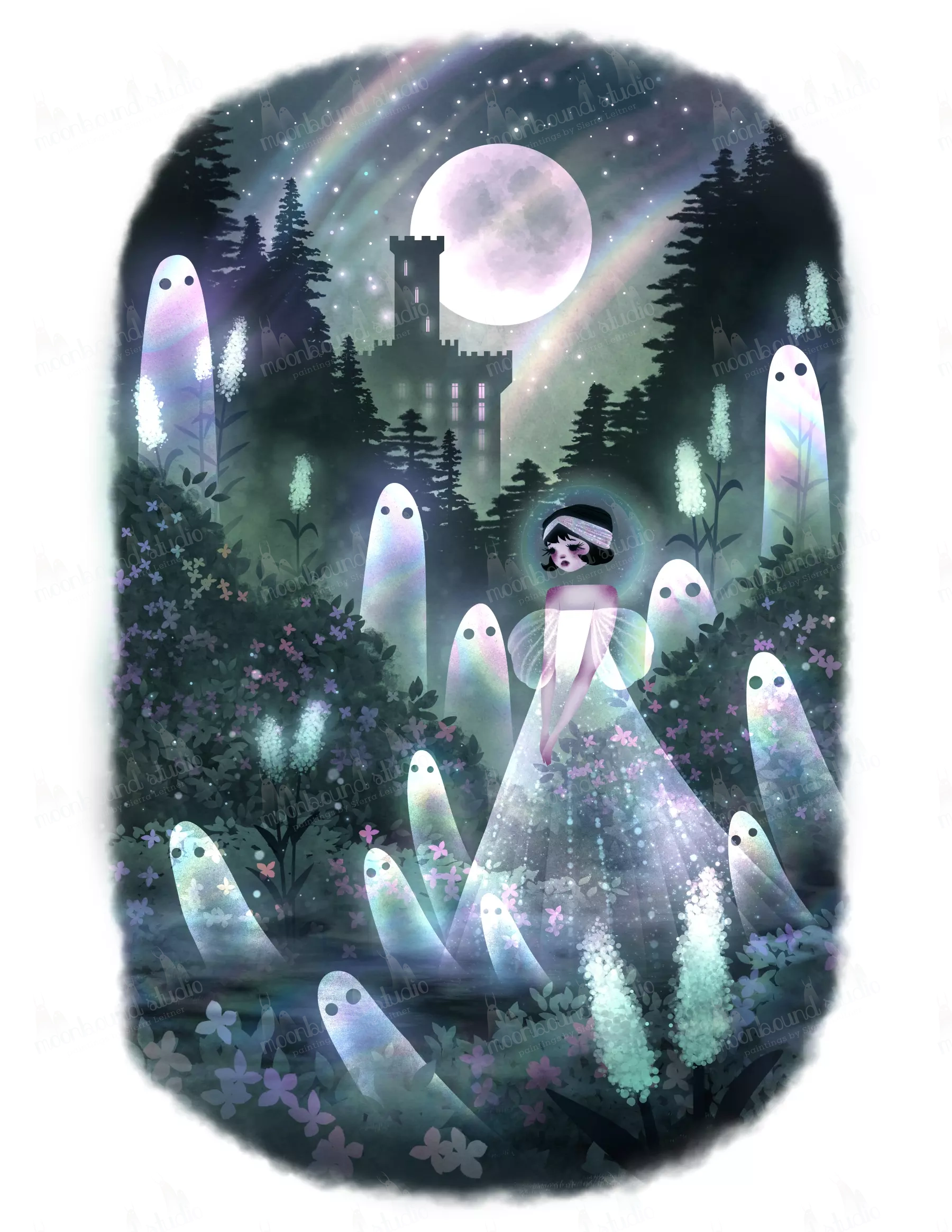 Princess Opal wanders with her ghostly gathering, she is feeling a bit sad today but that is ok. Her ghostly dress glimmers in opalescent rainbow, and the ghosts around her glimmer just the same. An enchanted castle watches over them in the distance.